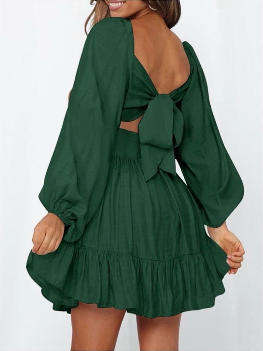 Green Long Sleeve tie back flowy Mini Dress - Picture 2 of 6